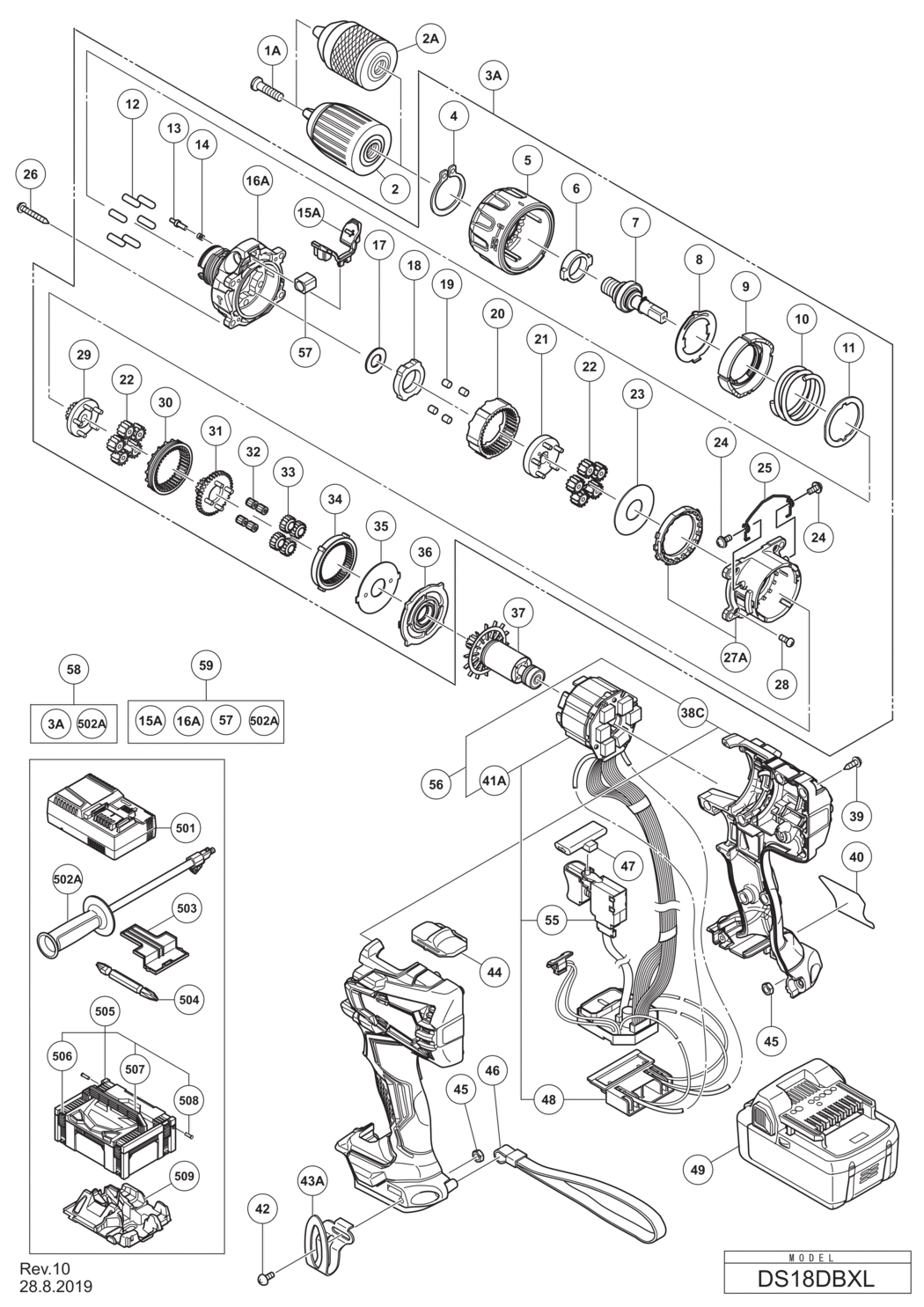 Hitachi / Hikoki DS18DBXL Cordless Driver Drill Spare Parts