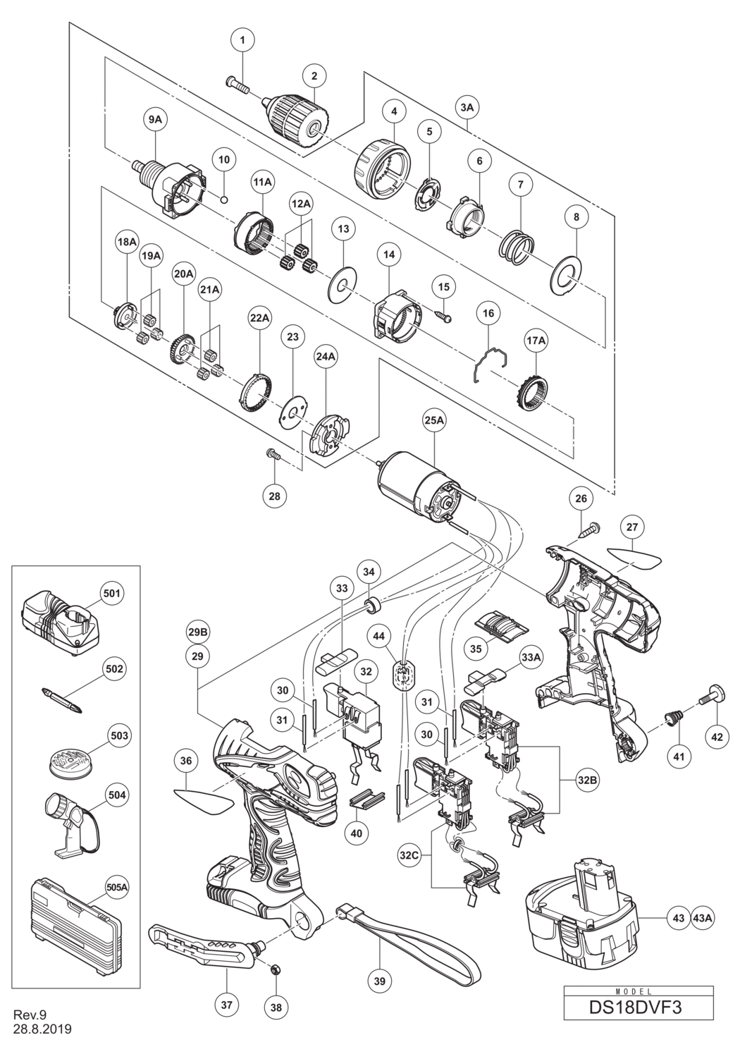 Hitachi / Hikoki DS18DVF3 Cordless Driver Drill Spare Parts