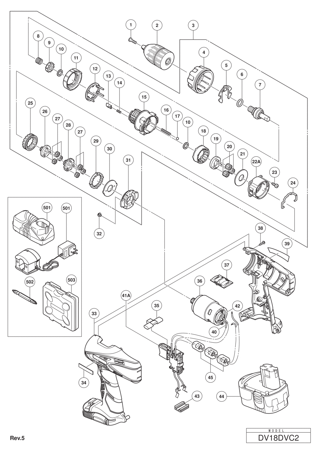 Hitachi / Hikoki DV18DVC2 Cordless Impact Drill Spare Parts