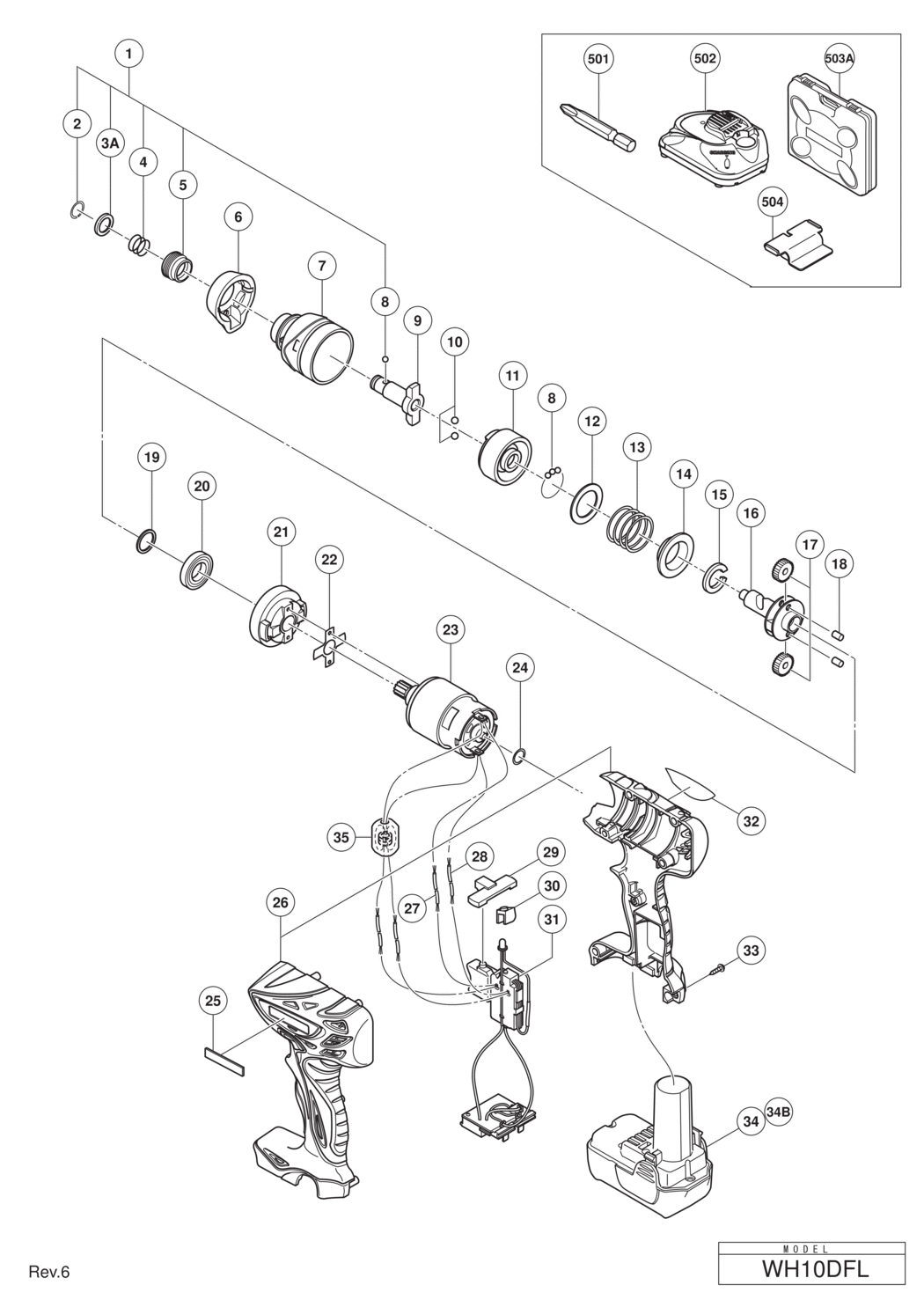 Hitachi / Hikoki WH10DFL Cordless Impact Driver Spare Parts