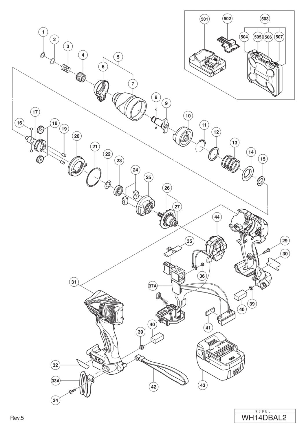 Hitachi / Hikoki WH14DBAL2 Cordless Impact Driver Spare Parts
