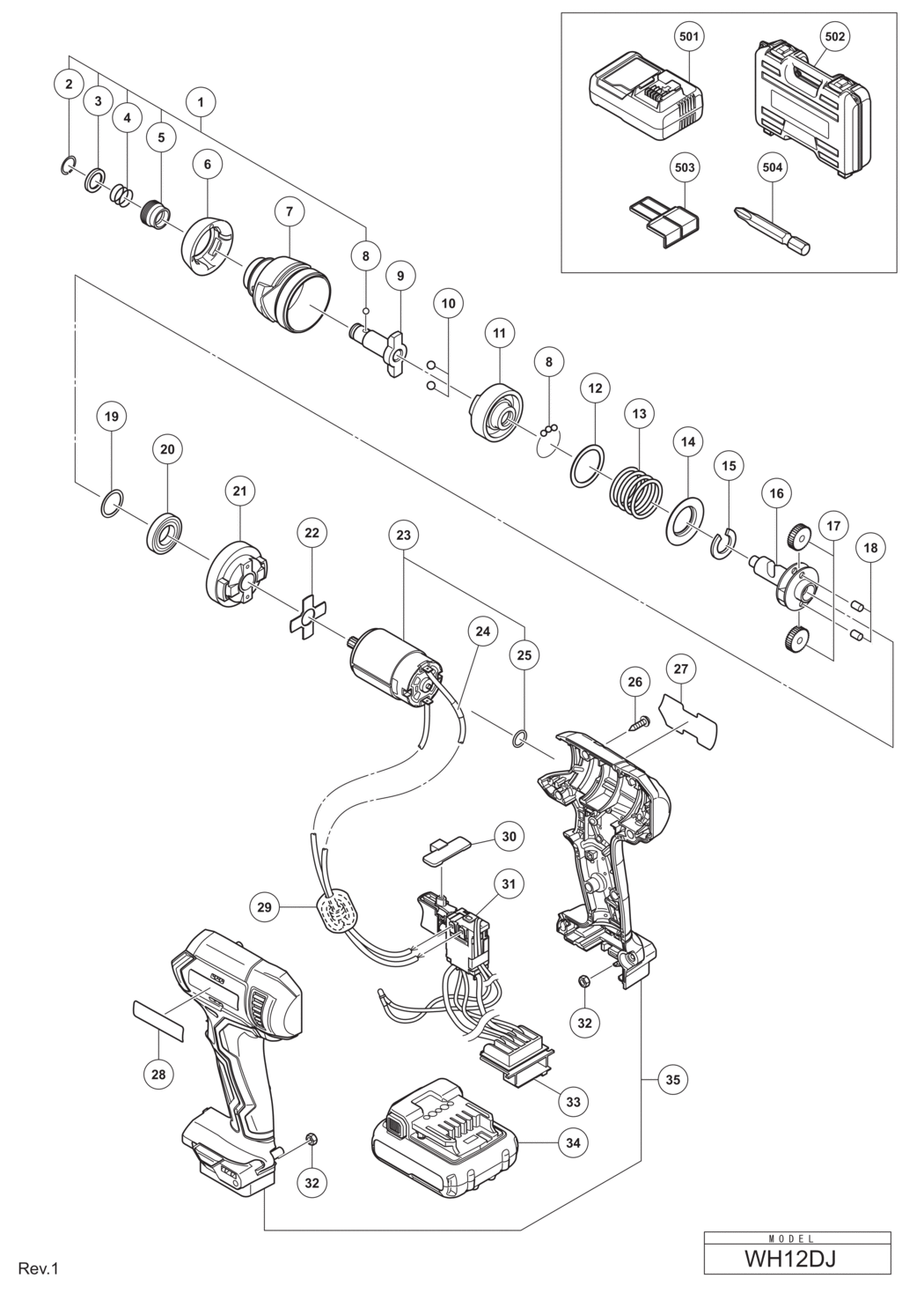 Hitachi / Hikoki WH12DJ Cordless Impact Driver Spare Parts