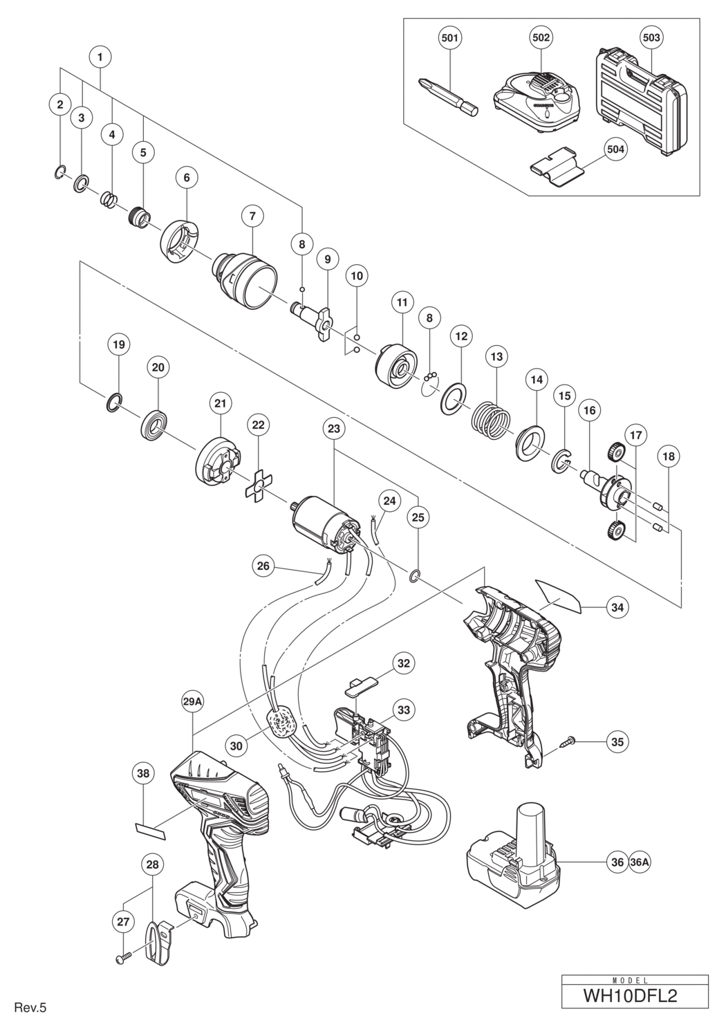 Hitachi / Hikoki WH10DFL2 Cordless Impact Driver Spare Parts