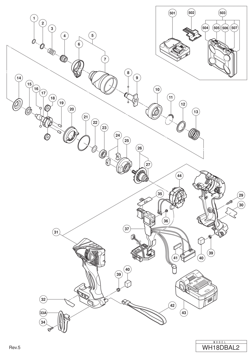 Hitachi / Hikoki WH18DBAL2 Cordless Impact Driver Spare Parts