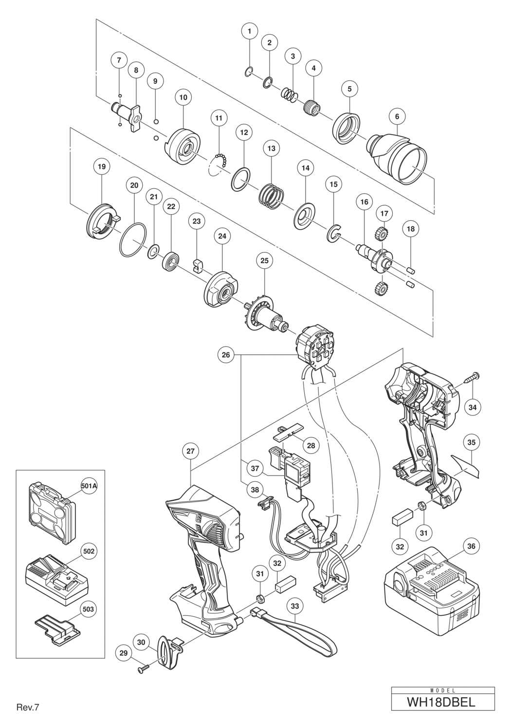 Hitachi / Hikoki WH18DBEL Cordless Impact Driver Spare Parts