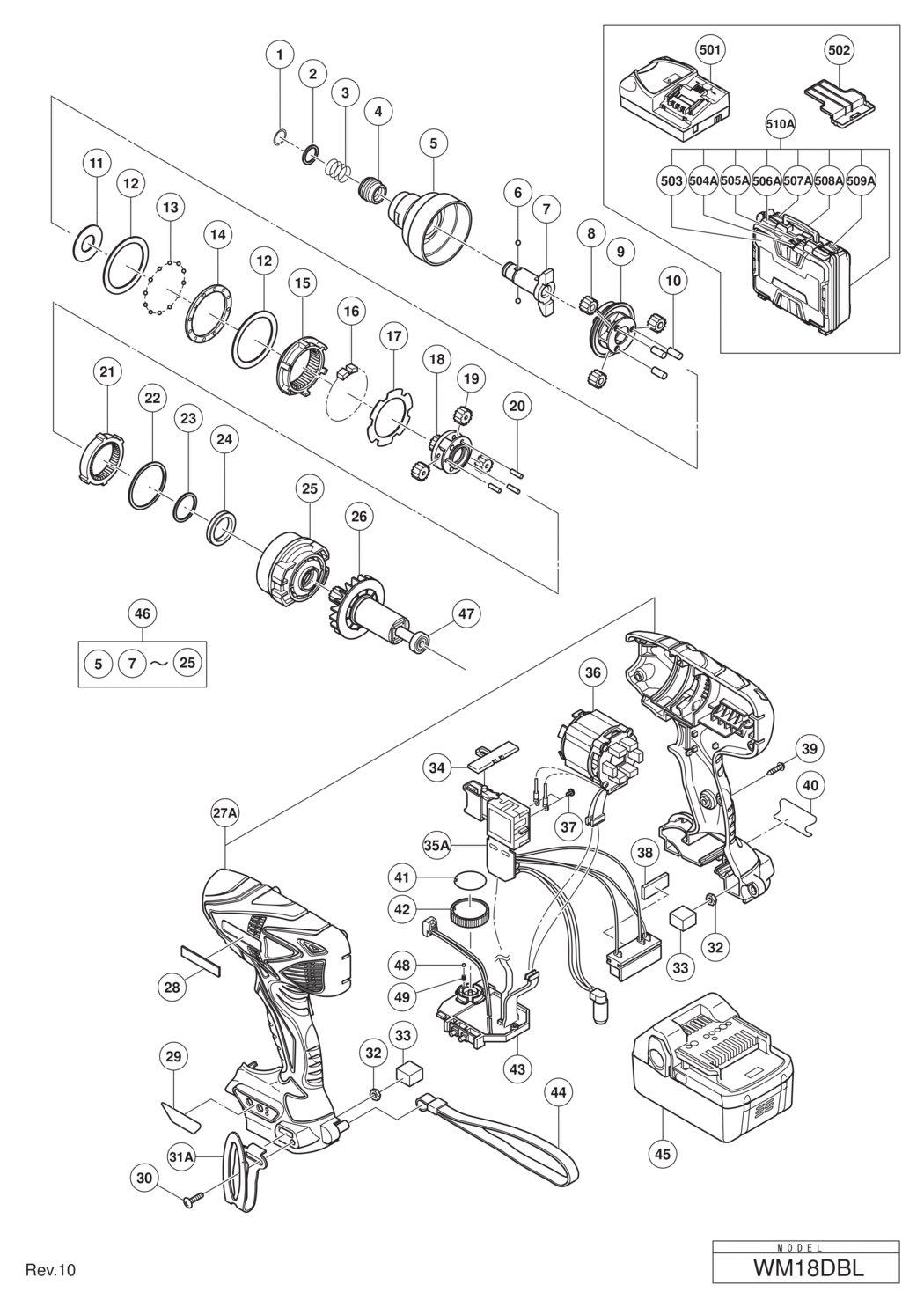 Hitachi / Hikoki WM18DBL Cordless Impact Driver Spare Parts