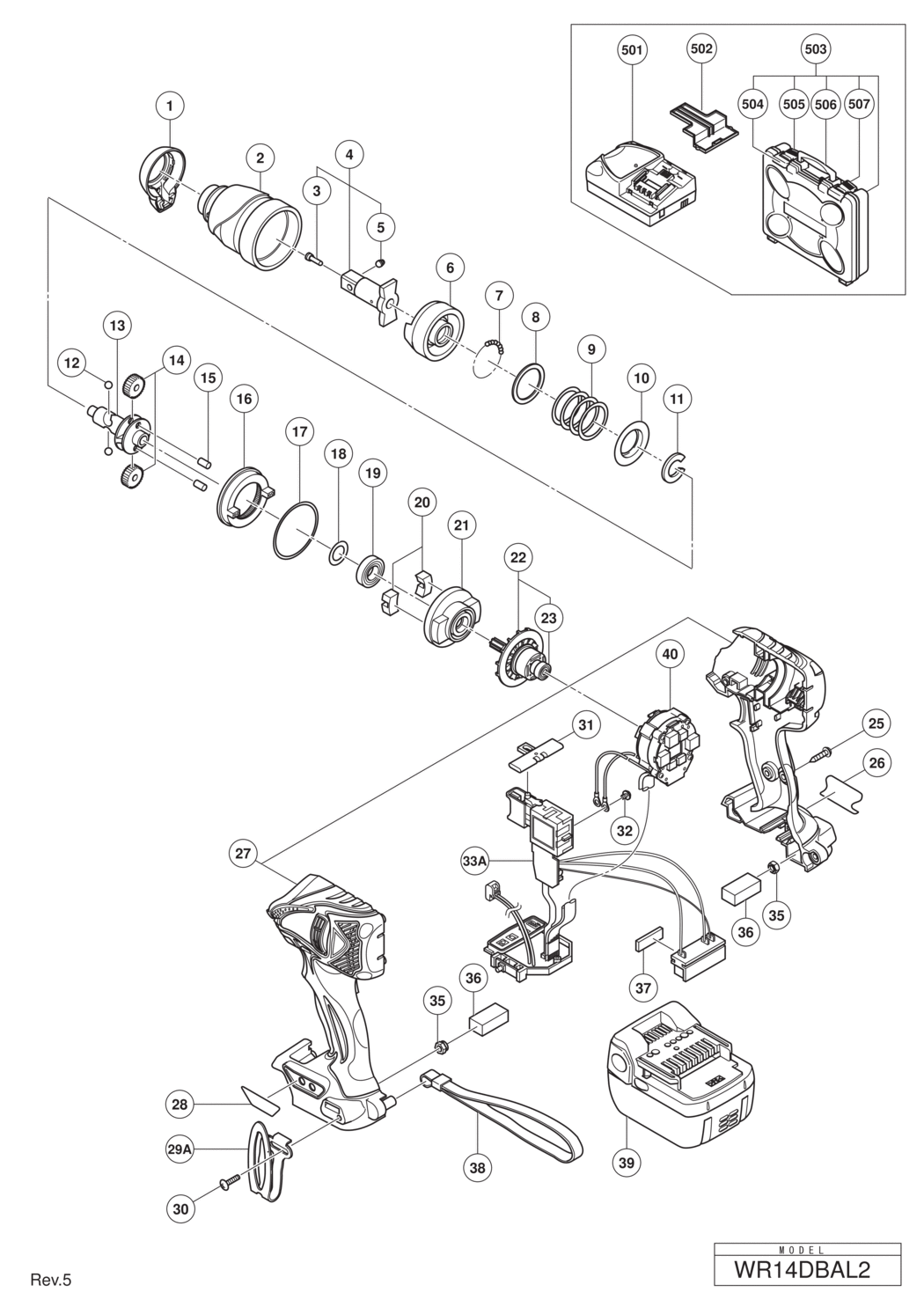 Hitachi / Hikoki WR14DBAL2 Cordless Impact Wrench Spare Parts