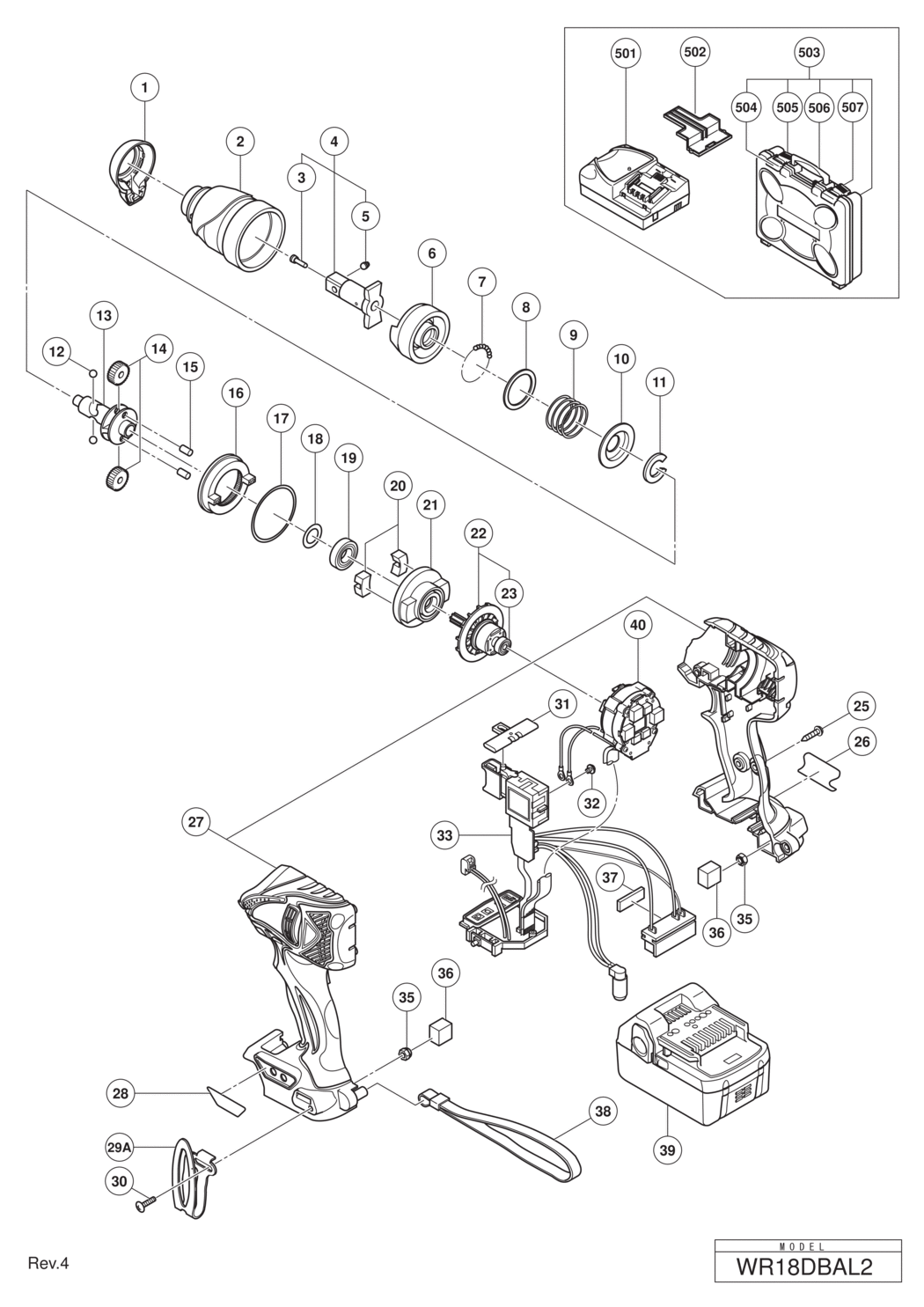 Hitachi / Hikoki WR18DBAL2 Cordless Impact Wrench Spare Parts