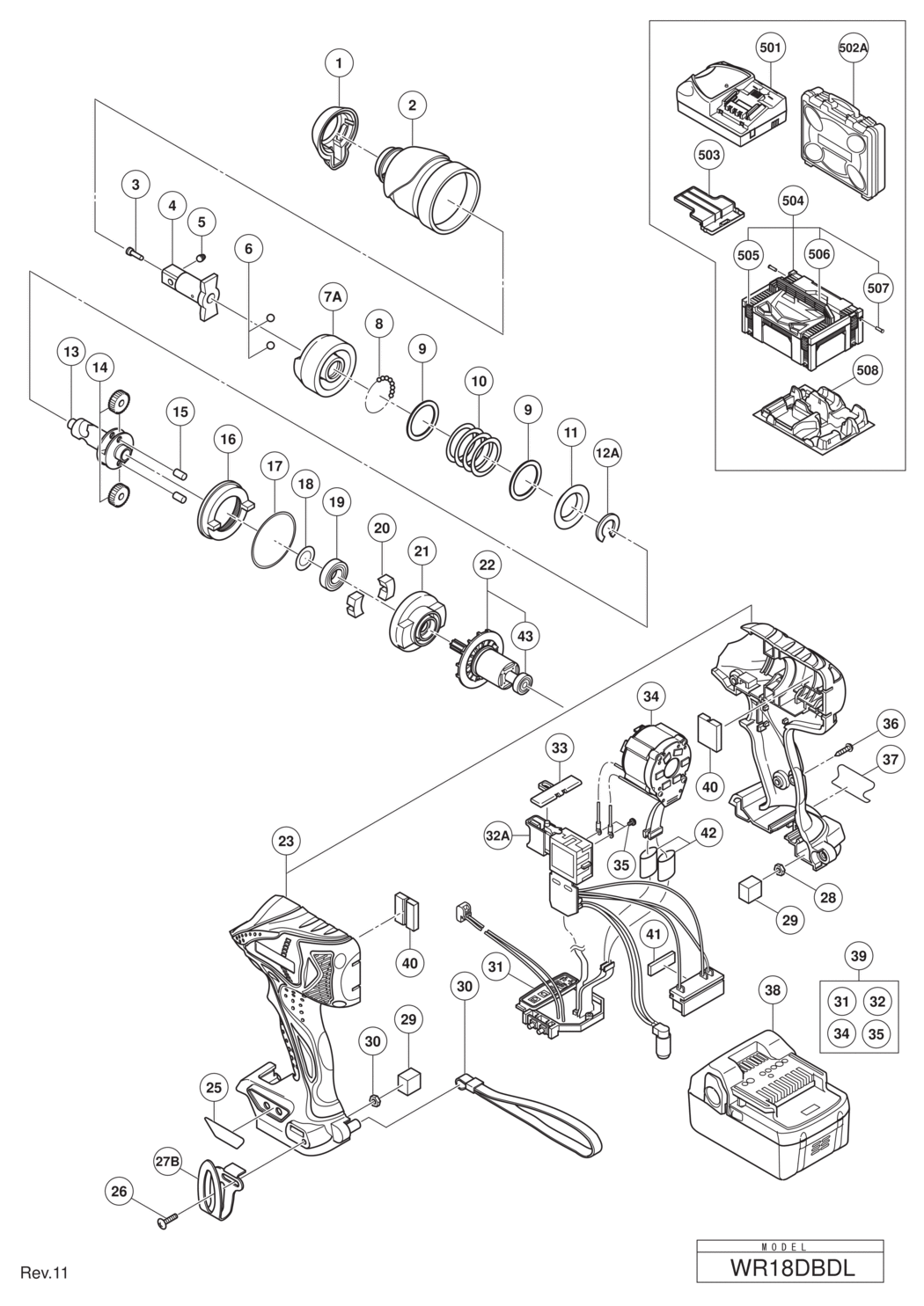 Hitachi / Hikoki WR18DBDL Cordless Impact Wrench Spare Parts