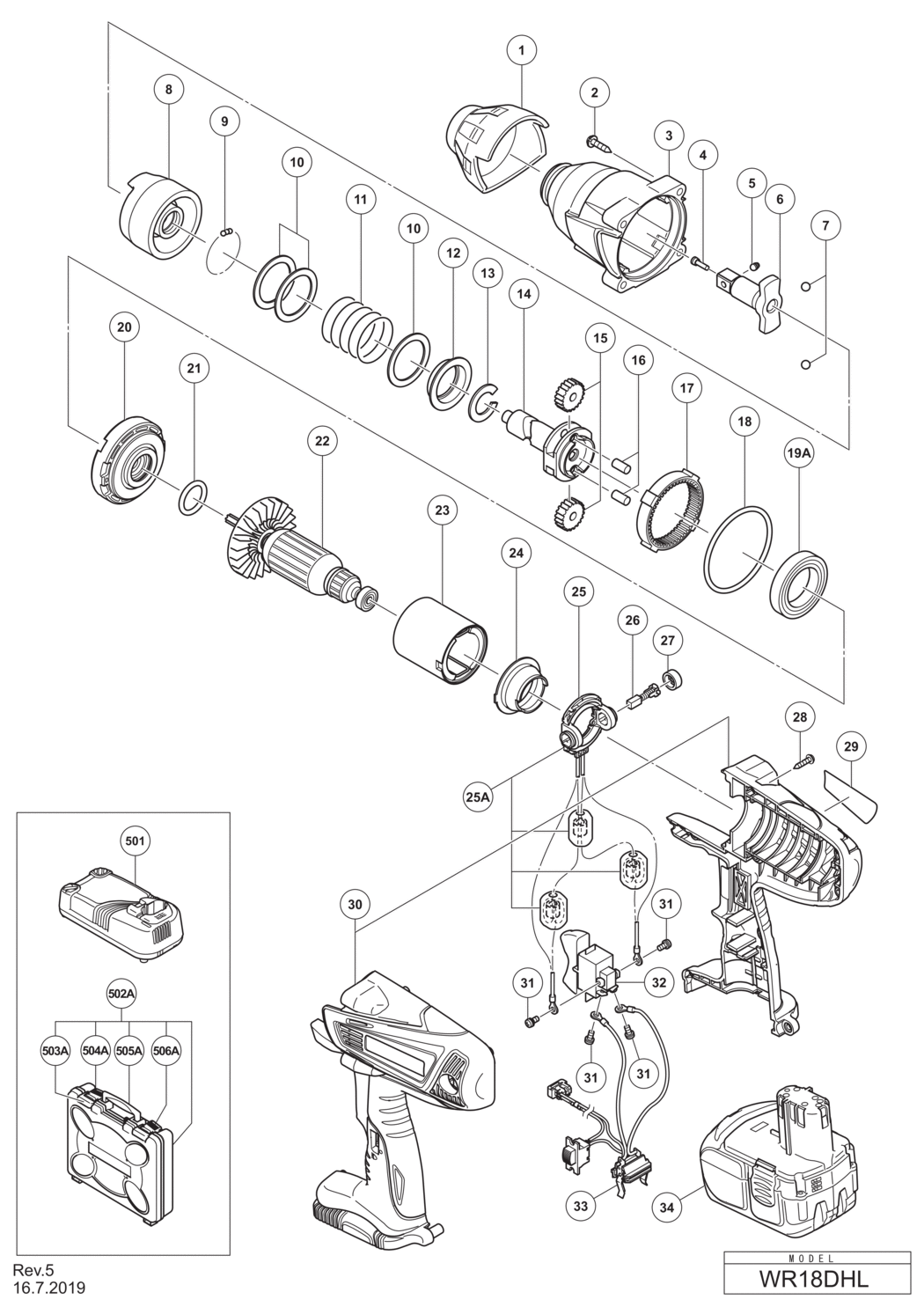 Hitachi / Hikoki WR18DHL Cordless Impact Wrench Spare Parts