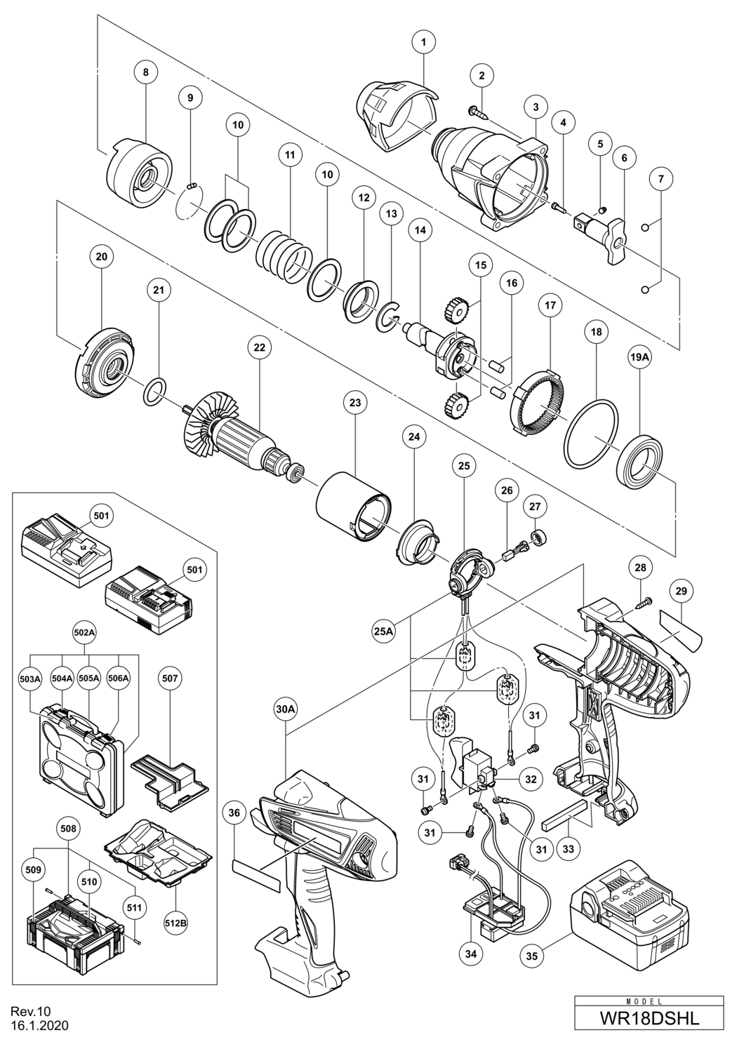 Hitachi / Hikoki WR18DSHL Cordless Impact Wrench Spare Parts