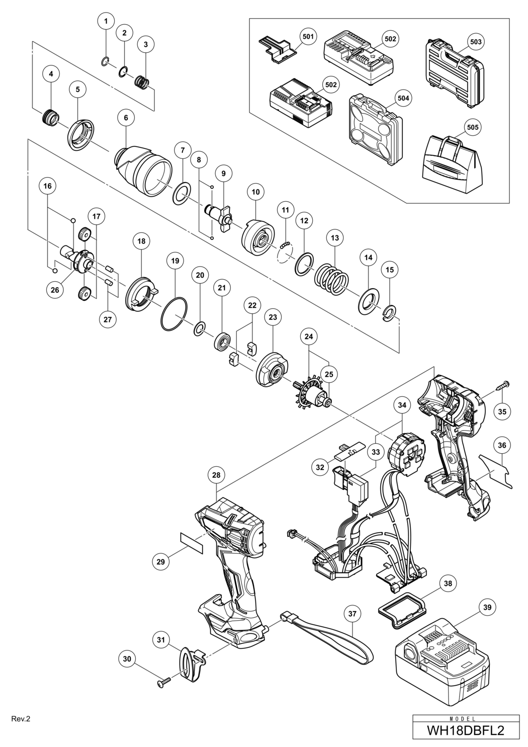 Hitachi / Hikoki WH18DBFL2 Cordless Impact Driver Spare Parts