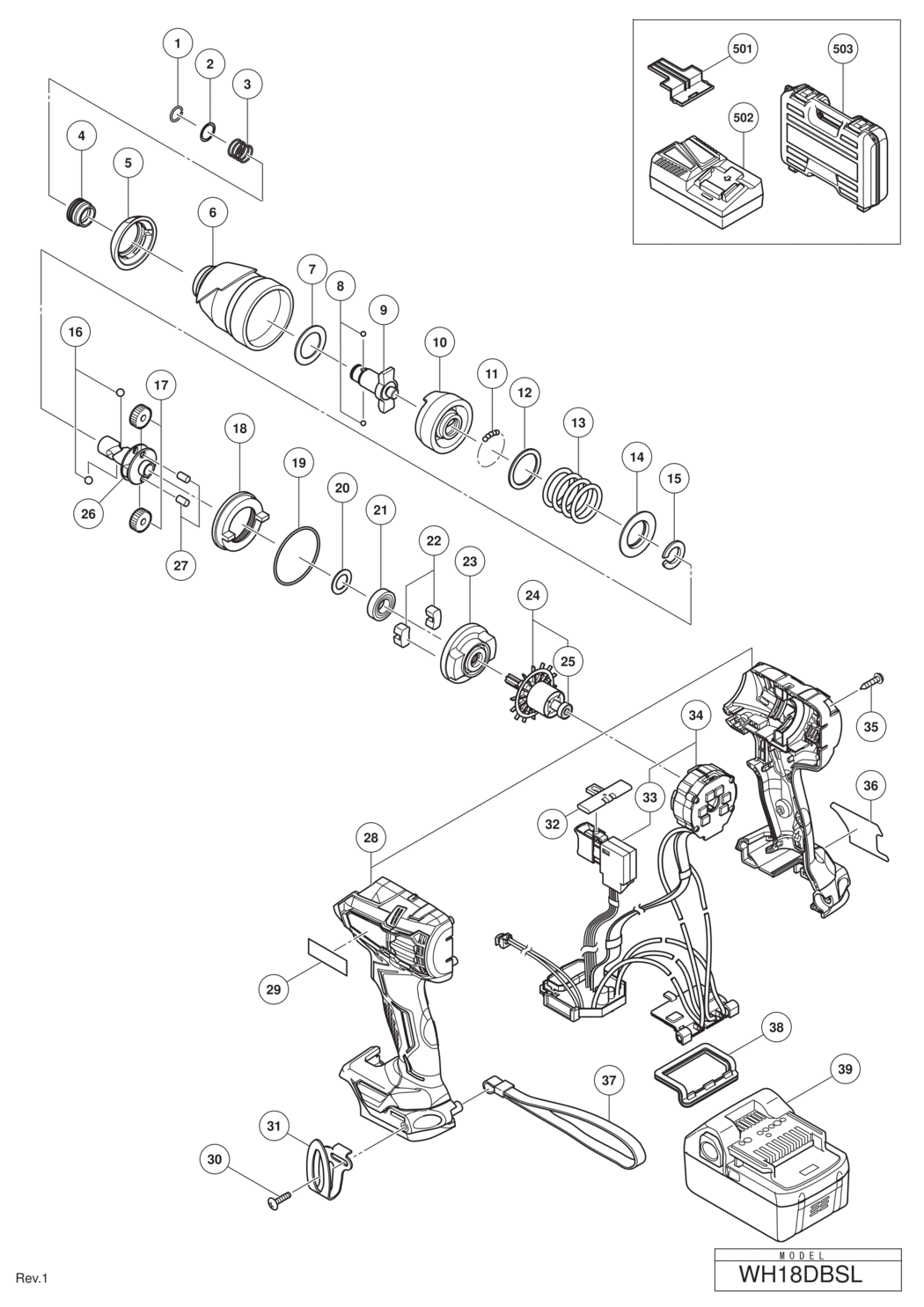 Hitachi / Hikoki WH18DBSL Cordless Impact Driver Spare Parts