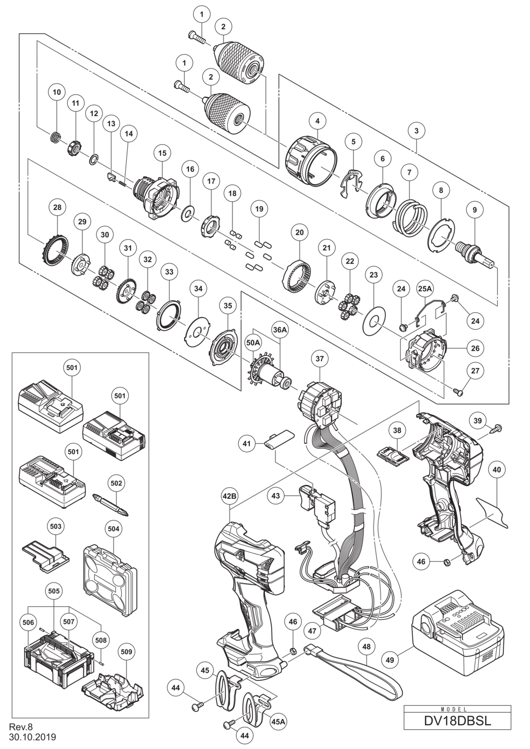 Hitachi / Hikoki DV18DBSL Cordless Impact Driver Drill Spare Parts