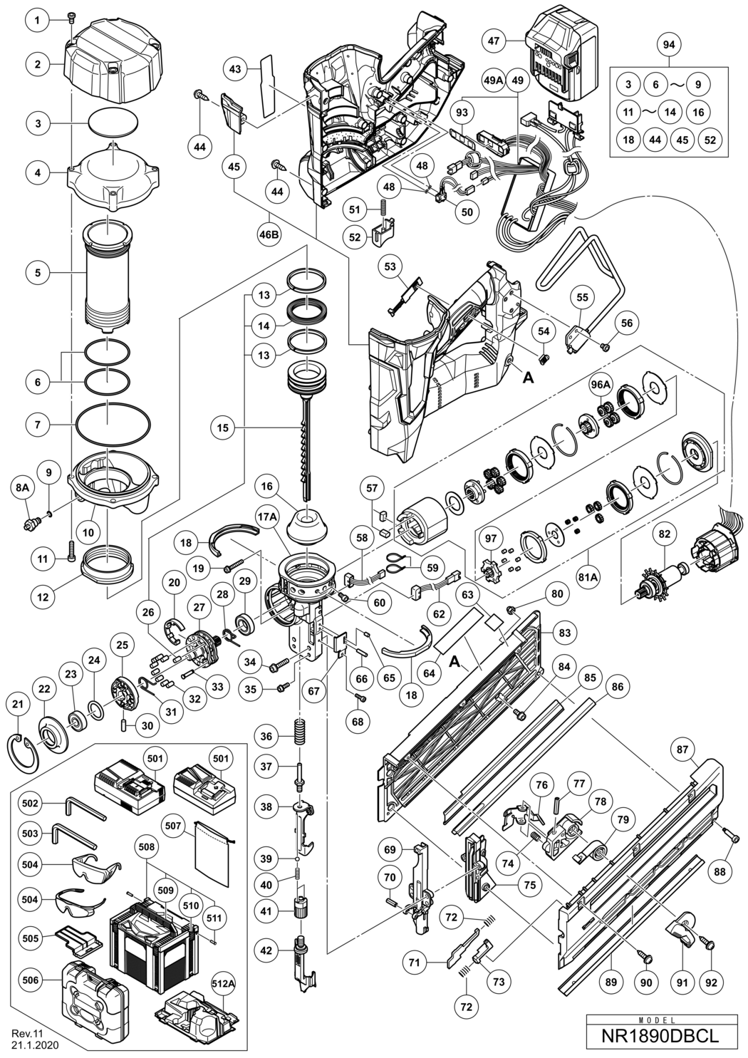 Hitachi / Hikoki NR1890DBCL Cordless Nailer Spare Parts