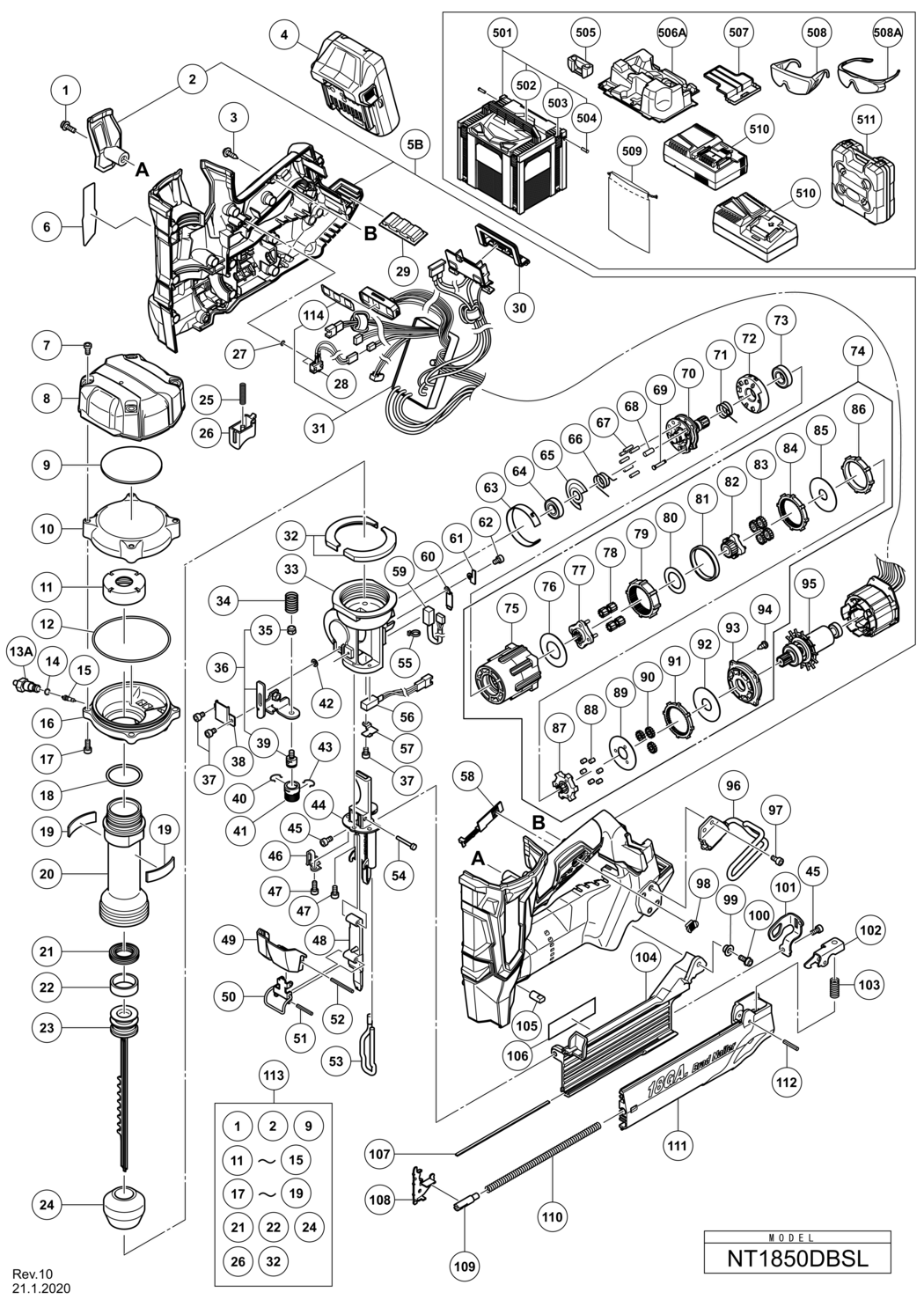 Hitachi / Hikoki NT1850DBSL Cordless Nailer Spare Parts