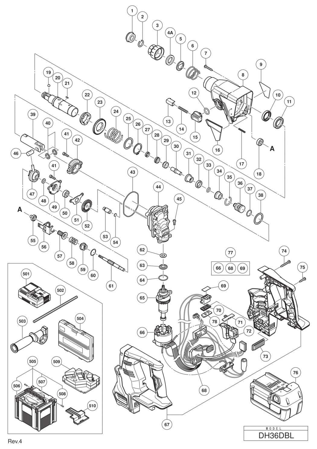 Hitachi / Hikoki DH36DBL Cordless Rotary Hammer Spare Parts