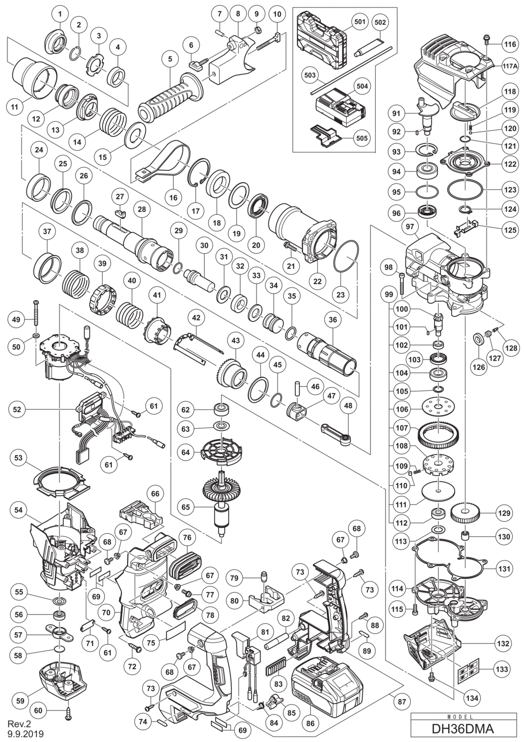 Hitachi / Hikoki DH36DMA Cordless Rotary Hammer Spare Parts