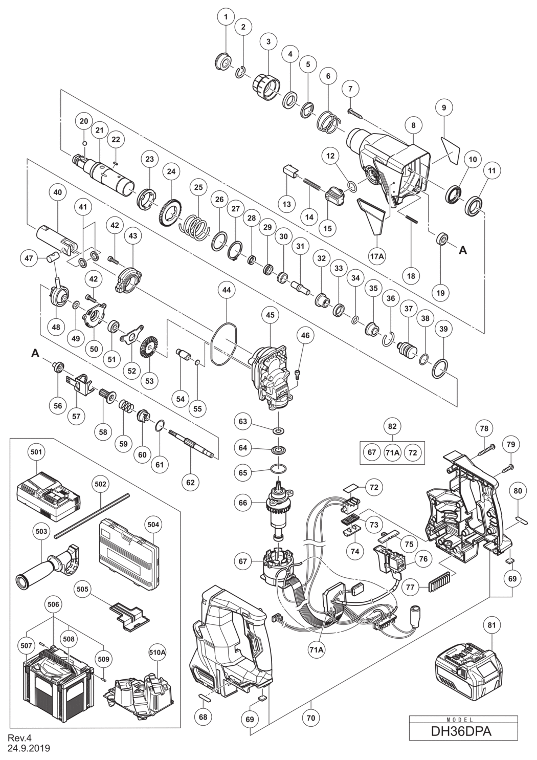 Hitachi / Hikoki DH36DPA Cordless Rotary Hammer Spare Parts