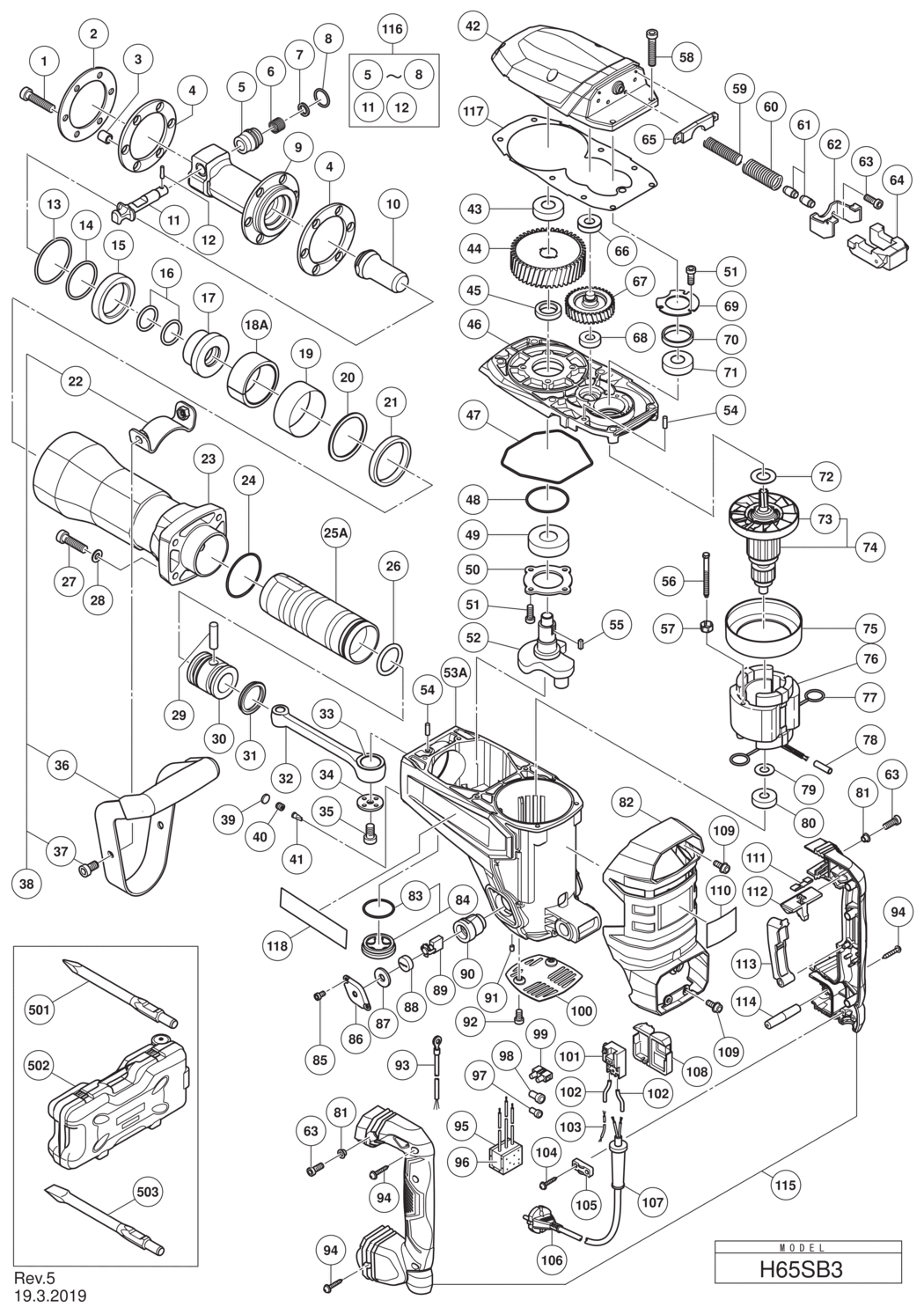 Hitachi / Hikoki H65SB3 Demolition Hammer Spare Parts