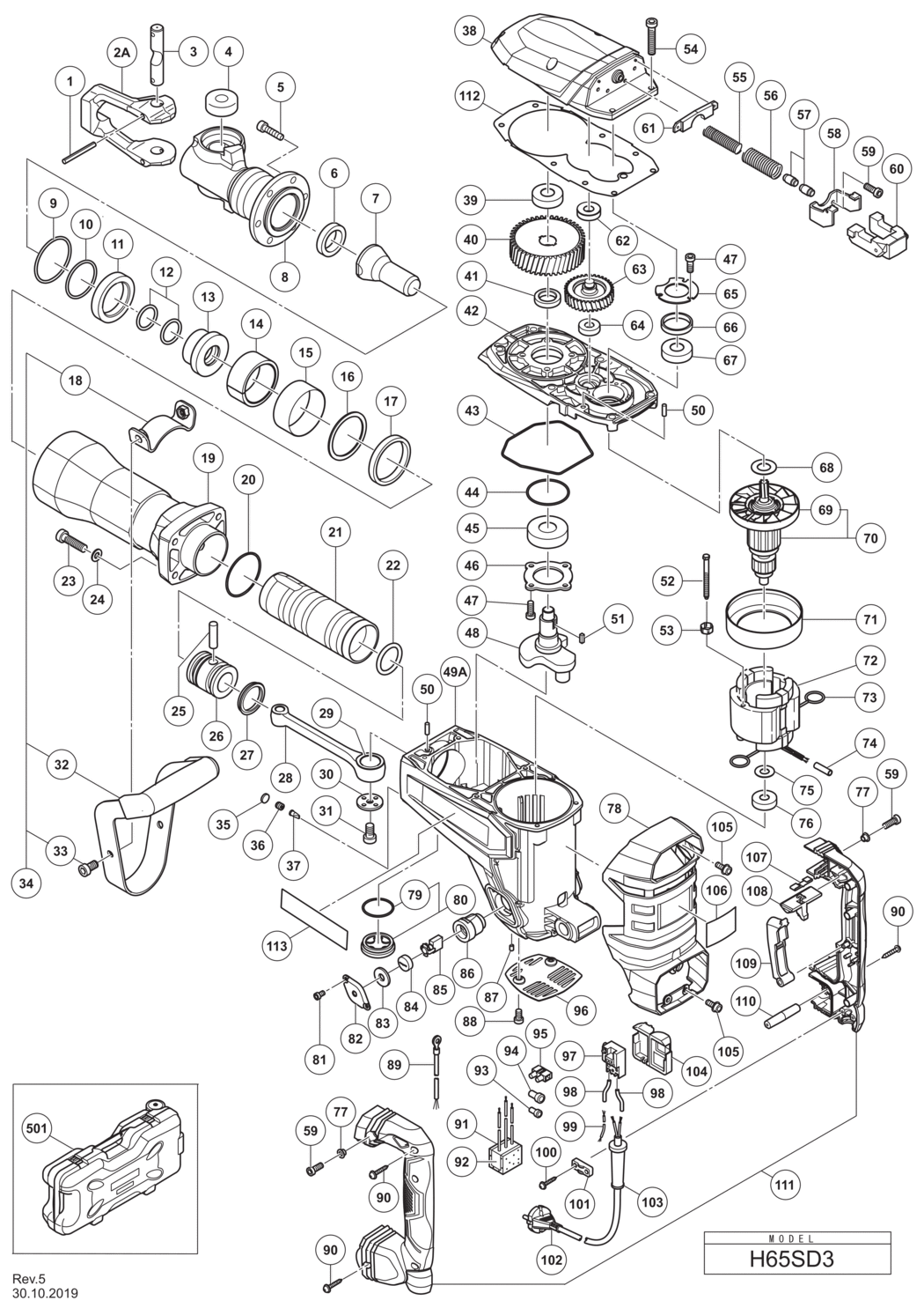 Hitachi / Hikoki H65SD3 Demolition Hammer Spare Parts