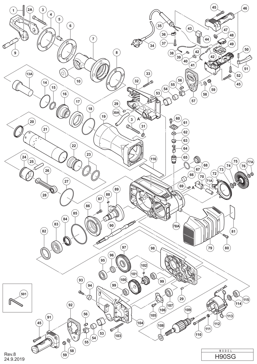 Hitachi / Hikoki H90SG Demolition Hammer Spare Parts