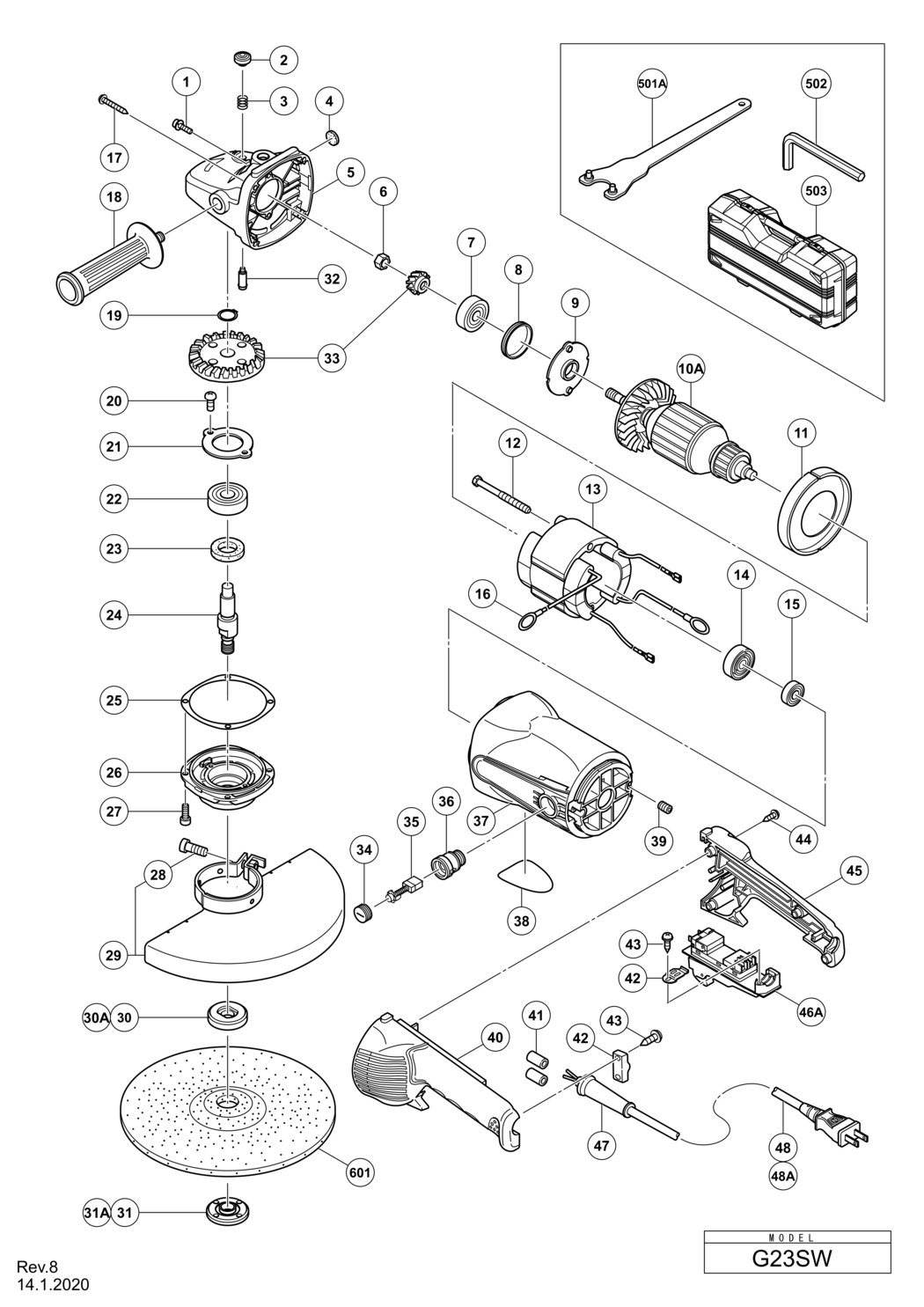 Hitachi / Hikoki G23SW 230mm Disc Grinder Spare Parts
