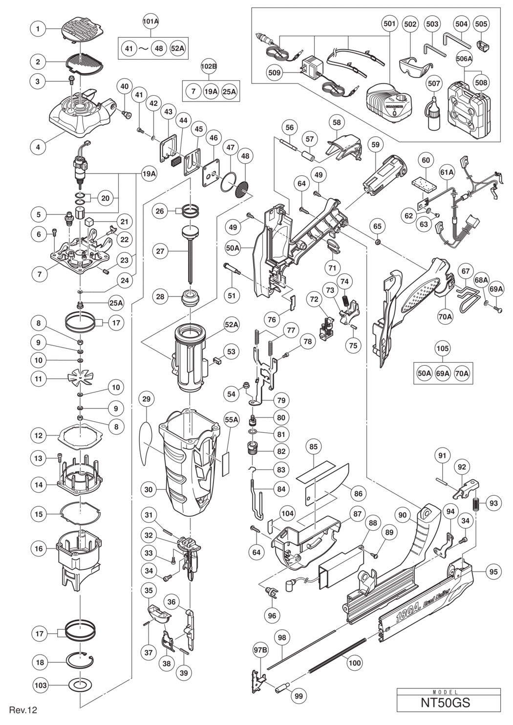 Hitachi / Hikoki NT50GS Gas Finish Nailer Spare Parts