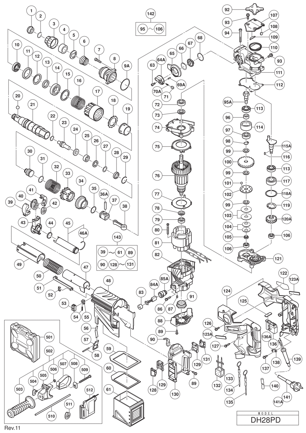 Hitachi / Hikoki DH28PD Rotary Hammer Drill Spare Parts