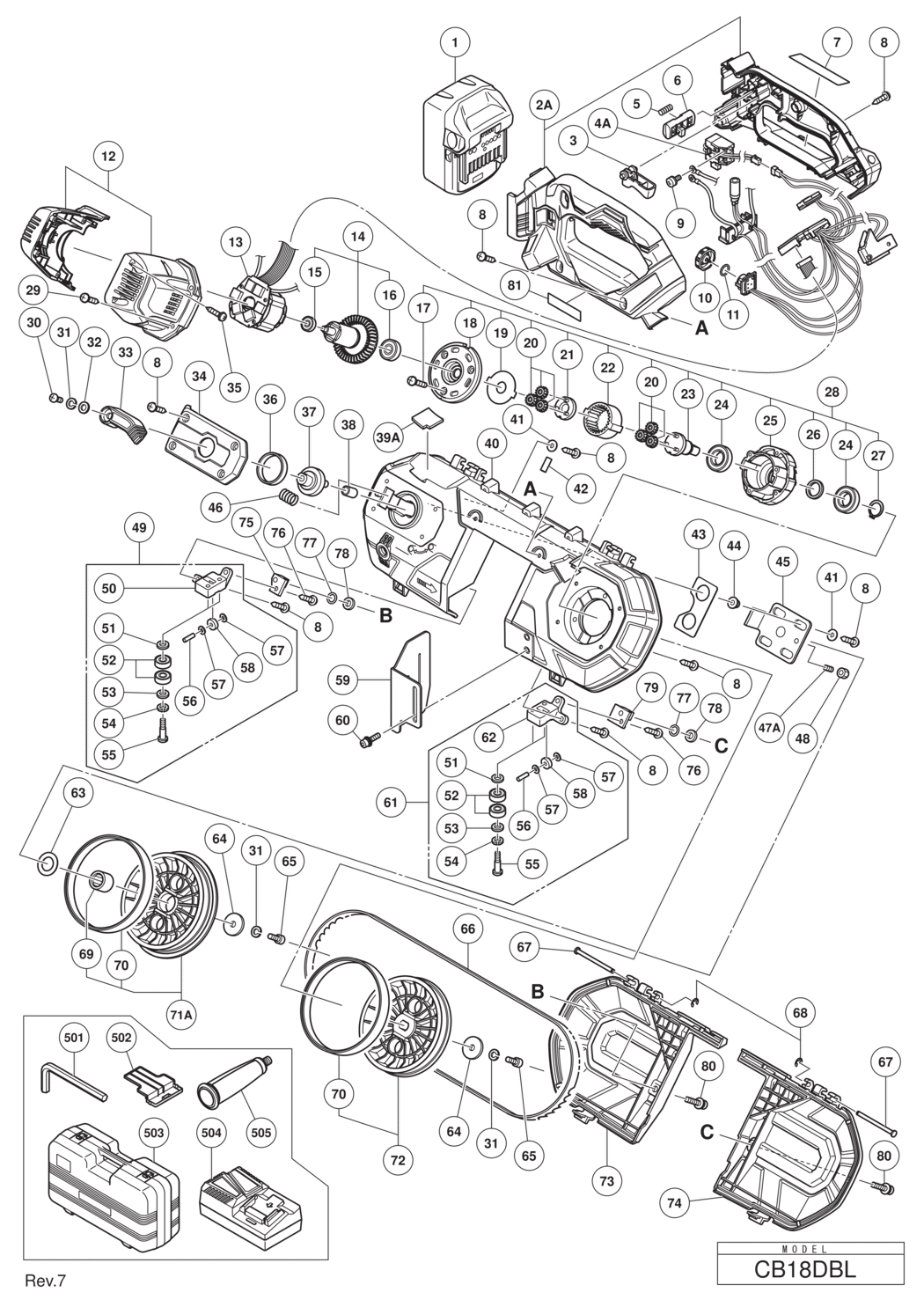 Hitachi / Hikoki CB18DBL Cordless Band Saw Spare Parts