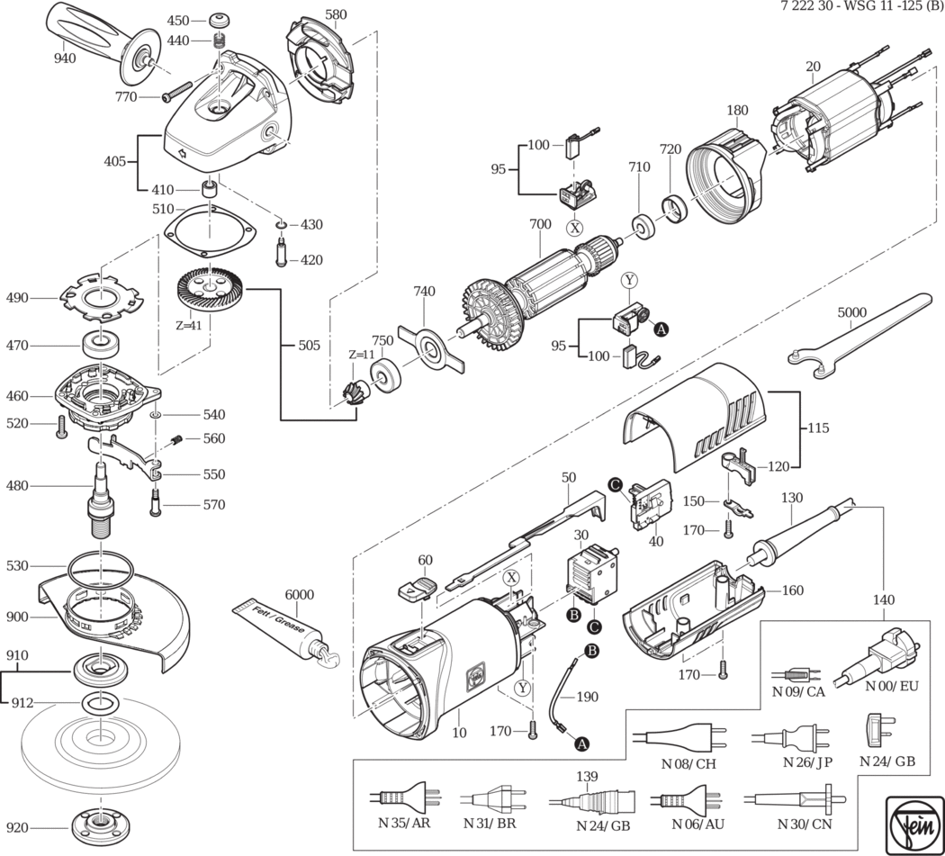 Fein WSG 11-125 ʋ) ⡐Hz 110V) / 72223024110 Spare Parts