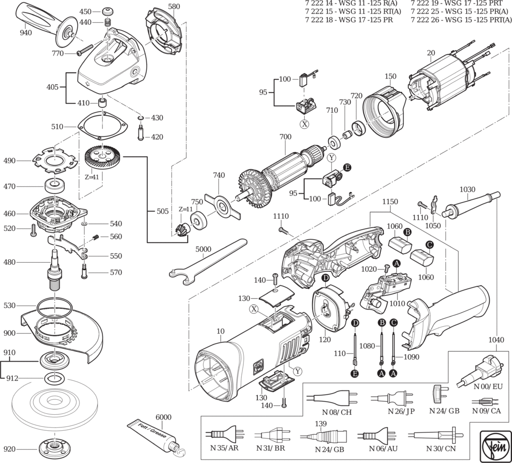 Fein WSG 15-125 PRT ʊ) ⡐/60Hz 220/230V) / 72222600230 Spare Parts