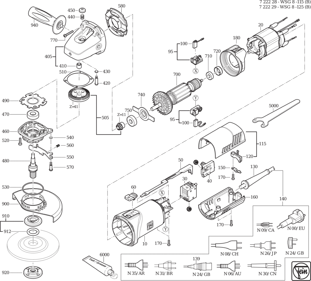 Fein WSG 8-125 ʋ) ⡐Hz 110V) / 72222924110 Spare Parts